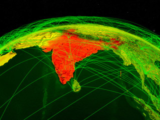 India on digital planet Earth with international network representing communication, travel and connections.
