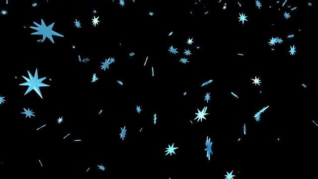 Blue stars are flying on a black background. 3D rendering animation