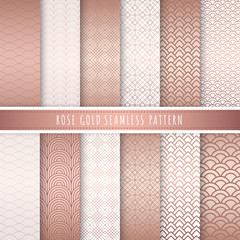 Rose gold pattern seamless collection. Pink gold abstract patterns. Set of 12 Metallic gold luxury background for gift wrap, wallpaper, web banner background, wrapping paper and fabric print.
