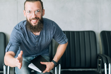 man holding out hand. greeting welcome acquaintance job hiring concept.