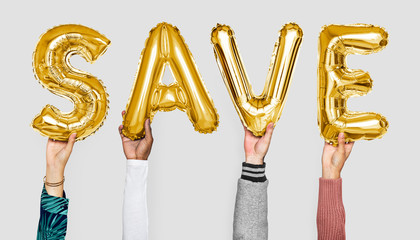 Hands showing save balloons word