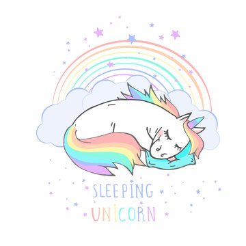 Vector illustration of hand drawn sleeping unicorn with rainbow and text - SLEEPING UNICORN on withe background. Cartoon style. Colored.