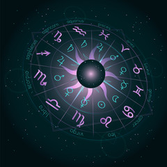 Illustration with Horoscope circle, Zodiac symbols and pictograms astrology planets on the starry night sky background with geometry pattern. Image in perspective. Pink and turquoise elements. Vector.