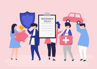 Characters of people holding insurance icons illustration