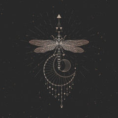 Vector illustration with hand drawn dragonfly and Sacred geometric symbol on black vintage background. Abstract mystic sign. 