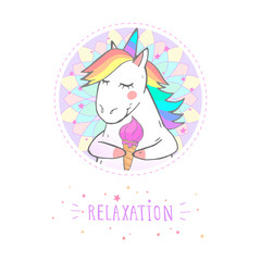 Vector sticker or icon with hand drawn cute unicorn, stars and text - RELAXATION on withe background. For your design. Cartoon style. Colored.