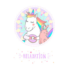 Vector sticker or icon with hand drawn cute unicorn, bunny toy and text - RELAXATION on withe background. For your design. Cartoon style. Colored.