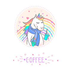 Vector sticker or icon with hand drawn cute unicorn in scarf and text - COFFEE on withe background. For your design. Cartoon style. Colored.