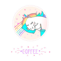 Vector sticker or icon with hand drawn sleeping unicorn and text - COFFEE on withe background. For your design. Cartoon style. Colored.