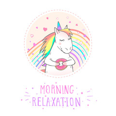 Vector sticker or icon with hand drawn cute unicorn, donut and text – UNICORN on withe background. For your design. Cartoon style. Colored.