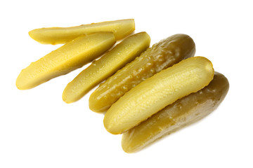 sliced marinated pickled cucumbers isolated on white background. top view
