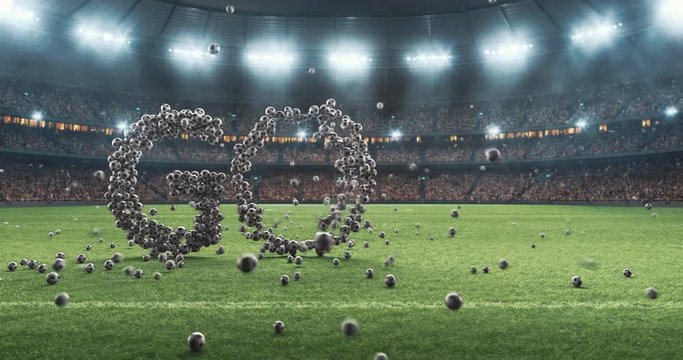 Animation of the word "goal" appearance, out of numerous soccer balls, on the professional stadium. The stadium was made in 3d without using existing references. 