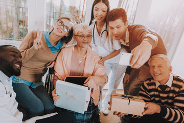 Family Selfie in Nursing Home. Smiling People.
