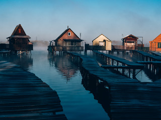 Fishing cabins on the lake. Bokod, Hungary