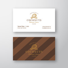 Abstract Elegant Vector Coconut Logo and Business Card Template. Hand Drawn Brown Coconut. Premium Stationary Realistic Mock Up. Modern Typography and Soft Shadows.