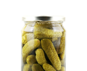 Jar Of Pickled Gherkins On White Background