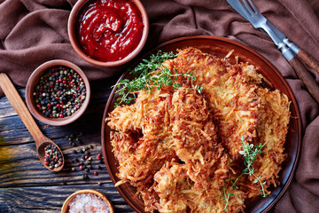 grated potato breaded meat chops, flatlay