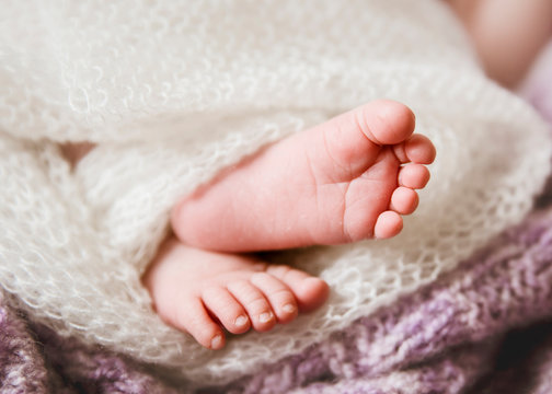 Close up of a tiny pink newborn baby toes feet, wrapped in a white soft knitted blanket.