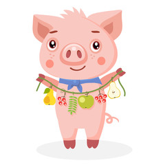 Happy Pig On White Background. Funny Cartoon Character Animals. Little Pig Holding Garland With Fruit And Leaves. Harvest Theme Vector Illustration.