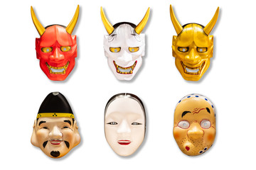 Collection of Traditional Japanese red, white and golden devil mask Kabuki Mask on white...