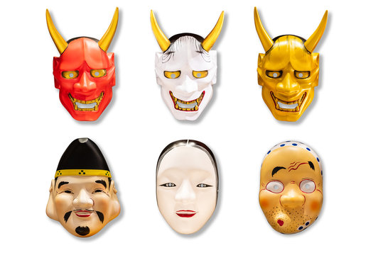 Collection of Traditional Japanese red, white and golden devil mask Kabuki Mask on white background. mock up for art.