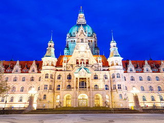 New Town Hall Neues Rathaus with lights at night. Front view. 
