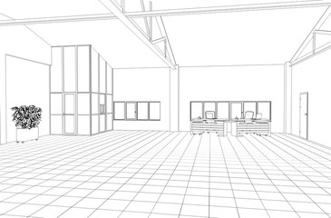 office contour visualization, 3D illustration, sketch, outline
