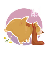 Outraged long ear basset hound dog make a pee to the dandelion flower. Postcard, sticker.