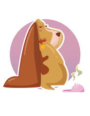 Offended basset hound dog make a poop into the pink slipper. Postcard, sticker.
