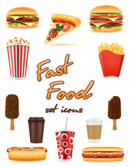 fast food icons pizza hamburger drink french fries coffee popcorn hot dog ice cream stock vector illustration