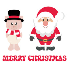 winter cartoon pig with scarf in hat and santa claus with christmas text