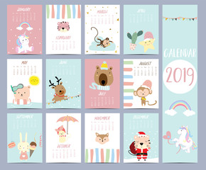 Fototapeta na wymiar Doodle calendar set 2019 with Santa Claus,unicorn,tiger,monkey,star,cactus,bear,reindeer,rabbit for children.Can be used for printable graphic