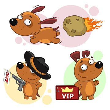 A set of funny icons with dogs for children and design, a dog running from a comet, a ganster with a gun and a hat, stands with a VIP card.
