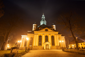 Former Lutheran church in the Baroque style at night in Jelenia Góra.