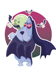 Evil basset hound dog Dracula vampire with red eyes and cloak. Moon and bat bones on backgroud.