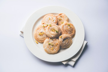 Chirote or Chiroti is a sweet dish from Karnataka and Maharashtra. Served in a plate as a dessert on Festivals or wedding. Selective focus