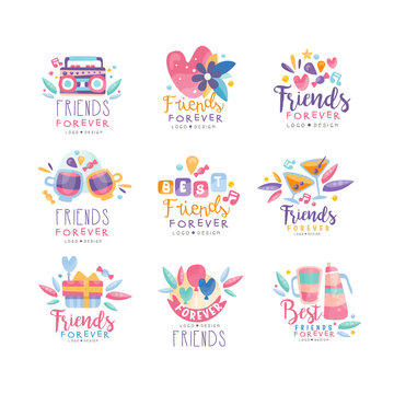 Friends forever logo design set, Happy Friendship Day creative badges can be used for banner, poster, greeting card, t-shirt vector Illustration