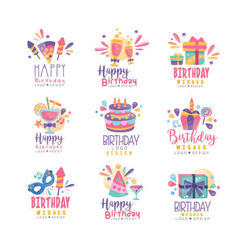 Happy Birthday logo design set, colorful creative templates for banner, poster, greeting card vector Illustration