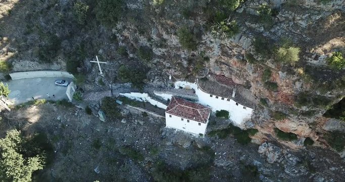 Beautiful drone video of the Monastery of St. Mary of Kostar situated in Delvina / Delvina, near Saranda, Albania. Beautiful unique monastery in cliff side. 