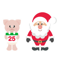 winter cartoon pig with christmas calendar and santa claus