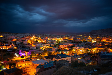 architecture and buildings in Cappadocia, Goreme, Turkey at night, aerial view . most popular and famous place