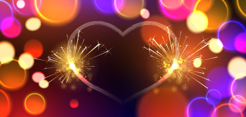 Festive, Christmas, New Year or Valentine's poster with heart and sparkling lights.