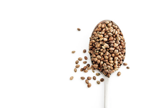 Cannabis seeds in a metal spoon, isolated on white background. Marijuana grains pile, herbal treatment product, healthy eating, macro view.