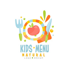 Kids natural menu logo design, healthy organic food banner or poster vector Illustration