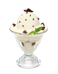 Vanilla sundae ice cream cup with chocolate chips and curls isolated on white background