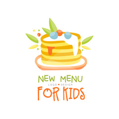 New menu for kids logo design, healthy organic food banner or poster vector Illustration