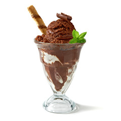 Chocolate sundae ice cream cup with wafer stick , isolated on white background