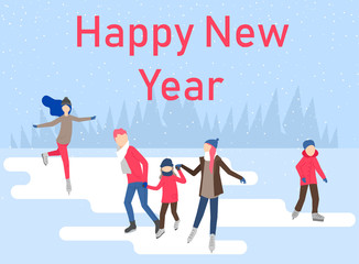 Happy New Year poster with people skating on the ice rink.
