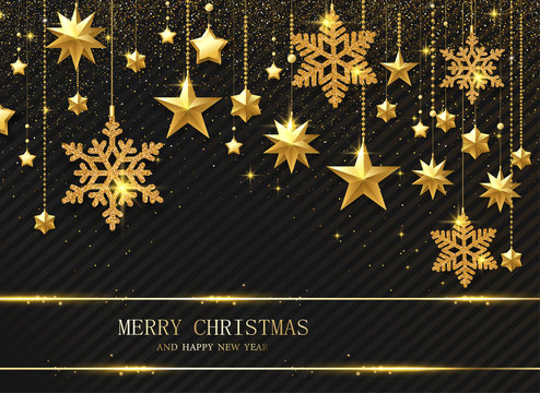 Merry Christmas and Happy New Year shiny poster with golden stars and snowflakes.