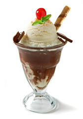 vanilla sundae ice cream cup with sauce and wafer stick isolated on white background